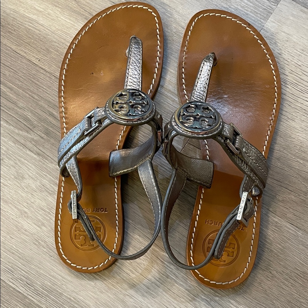 Tory Burch Silver and Tan Sandals